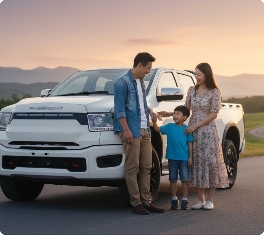 Family with Firebright vehicle